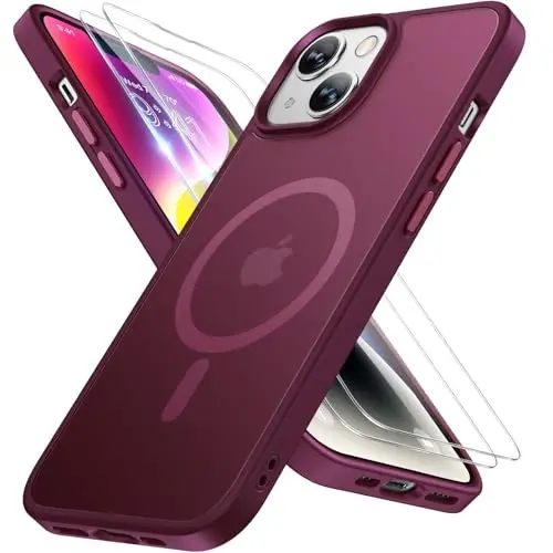 Miracase Magnetic for iPhone 14 Case 6.1 inch (MagSafe bilan mos keladi)（2X Ekran himoyachilari bilan） Harbiy darajadagi himoya, barmoq izlariga qarshi yarim shaffof matli telefon qutisi qopqog'i, vino qizil 