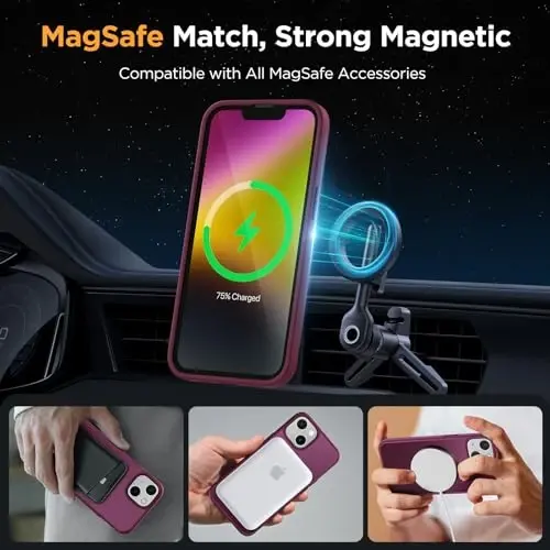 Miracase Magnetic for iPhone 14 Case 6.1 inch (MagSafe bilan mos keladi)（2X Ekran himoyachilari bilan） Harbiy darajadagi himoya, barmoq izlariga qarshi yarim shaffof matli telefon qutisi qopqog'i, vino qizil - 3
