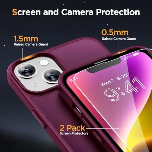 Miracase Magnetic for iPhone 14 Case 6.1 inch (MagSafe bilan mos keladi)（2X Ekran himoyachilari bilan） Harbiy darajadagi himoya, barmoq izlariga qarshi yarim shaffof matli telefon qutisi qopqog'i, vino qizil - 5