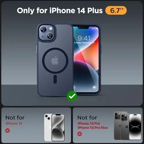 Miracase Magnetic for iPhone 14 Plus Case 6.7 inch (MagSafe bilan mos) (2X ekran himoyachilari bilan) Harbiy darajadagi himoya, barmoq izlariga qarshi yarim shaffof mat telefon qopqog'i, to'q ko'k - MIRACASE (1)