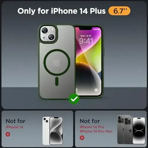 Miracase Magnetic for iPhone 14 Plus Case 6.7 inch (MagSafe bilan mos) (2X ekran himoyachisi bilan) Harbiy darajadagi himoya, barmoq izlariga qarshi yarim shaffof mat telefon qopqog'i, to'q yashil - 2