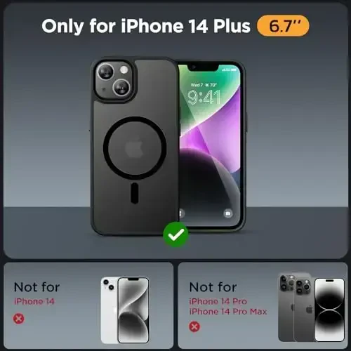 Miracase Magnetic for iPhone 14 Plus Case 6.7 inch (MagSafe bilan mos) (2X ekran himoyachisi bilan) Harbiy darajadagi himoya, barmoq izlariga qarshi yarim shaffof matli telefon qutisi qopqog'i, qora - MIRACASE (1)