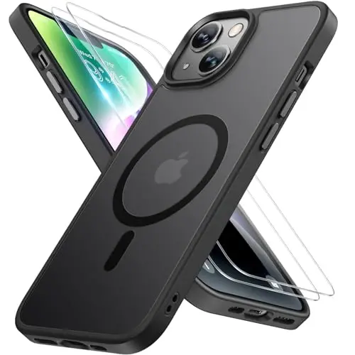 Miracase Magnetic for iPhone 14 Plus Case 6.7 inch (MagSafe bilan mos) (2X ekran himoyachisi bilan) Harbiy darajadagi himoya, barmoq izlariga qarshi yarim shaffof matli telefon qutisi qopqog'i, qora 