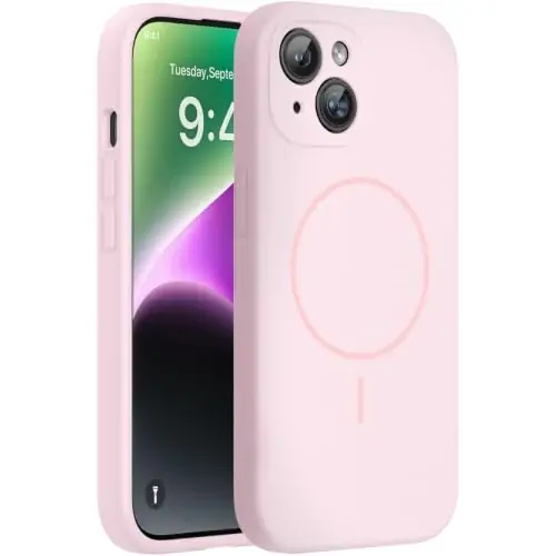 miracase Magnetic for iPhone 14 Plus Case, [Soft Anti-Scratch Microfiber Lining], Compatible with MagSafe, Silicone Shockproof Protection Phone Case for iPhone 14 Plus,Sand Pink 