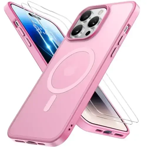Miracase Magnetic for iPhone 14 Pro Case 6.1 inch (MagSafe bilan mos) (2X ekran himoyachilari bilan) Harbiy darajadagi himoya, barmoq izlariga qarshi yarim shaffof mat telefon qopqog'i, Mes Pink 