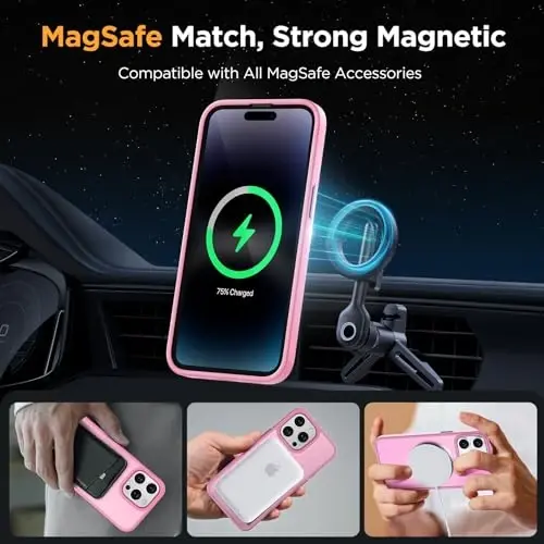 Miracase Magnetic for iPhone 14 Pro Case 6.1 inch (MagSafe bilan mos) (2X ekran himoyachilari bilan) Harbiy darajadagi himoya, barmoq izlariga qarshi yarim shaffof mat telefon qopqog'i, Mes Pink - 3