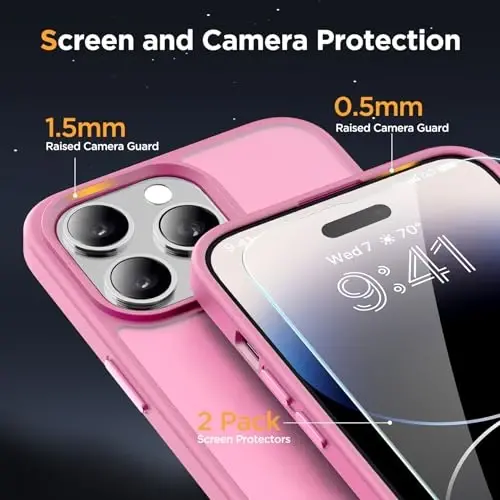 Miracase Magnetic for iPhone 14 Pro Case 6.1 inch (MagSafe bilan mos) (2X ekran himoyachilari bilan) Harbiy darajadagi himoya, barmoq izlariga qarshi yarim shaffof mat telefon qopqog'i, Mes Pink - 6