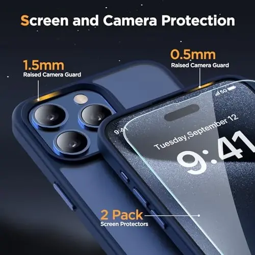 Miracase Magnetic for iPhone 14 Pro Case 6.1 inch (MagSafe bilan mos) (2X ekran himoyachisi bilan) Harbiy darajadagi himoya, barmoq izlariga qarshi yarim shaffof mat telefon qopqog'i, to'q ko'k - 6