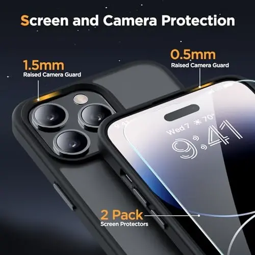 Miracase Magnetic for iPhone 14 Pro Case 6.1 inch (MagSafe bilan mos) (2X ekran himoyachisi bilan) Harbiy darajadagi himoya, barmoq izlariga qarshi yarim shaffof matli telefon qopqog'i, qora - 6