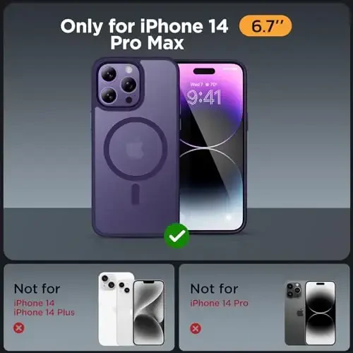 Miracase Magnetic for iPhone 14 Pro Max Case 6.7 inch (MagSafe bilan mos) (2X ekran himoyachilari bilan) Harbiy darajadagi himoya, barmoq izlariga qarshi yarim shaffof mat telefon qopqog'i, to'q binafsha - 2