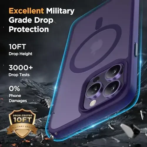 Miracase Magnetic for iPhone 14 Pro Max Case 6.7 inch (MagSafe bilan mos) (2X ekran himoyachilari bilan) Harbiy darajadagi himoya, barmoq izlariga qarshi yarim shaffof mat telefon qopqog'i, to'q binafsha - 5