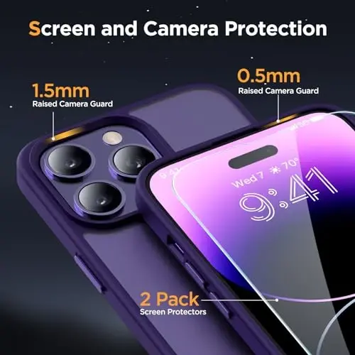 Miracase Magnetic for iPhone 14 Pro Max Case 6.7 inch (MagSafe bilan mos) (2X ekran himoyachilari bilan) Harbiy darajadagi himoya, barmoq izlariga qarshi yarim shaffof mat telefon qopqog'i, to'q binafsha - 6