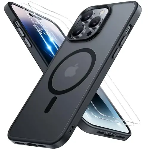 Miracase Magnetic for iPhone 14 Pro Max Case 6.7 inch (MagSafe bilan mos) (2X ekran himoyachisi bilan) Harbiy darajadagi himoya, barmoq izlariga qarshi yarim shaffof mat telefon qopqog'i, qora 