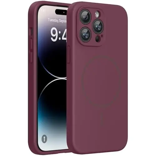 Miracase Magnetic for iPhone 14 Pro Max Case, [Soft Anti-Scratch Microfiber Lining], Compatible with MagSafe, Silicone Shockproof Protection Phone Case for iPhone 14 Pro Max,Wine Red 