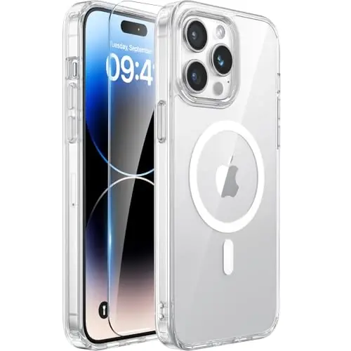 Miracase Magnetic for iPhone 14 Pro Max Case with Screen Protector, Compatible with MagSafe Accessories [Not-Yellowing], Shockproof Slim Phone Case for iPhone 14 Pro Max, Clear Magnetic 