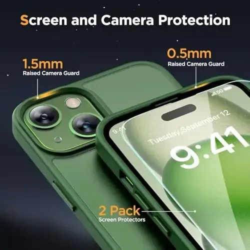Miracase Magnetic for iPhone 15 Case (Compatible with MagSafe) (with 2X Screen Protectors) Military-Grade Protection, Anti-Fingerprint Translucent Matte Phone Cover for iPhone 15 6.1 inch, Dark Green - 5