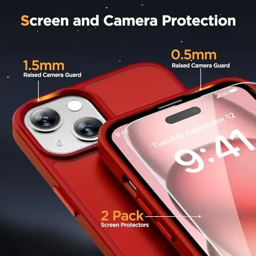 Miracase Magnetic for iPhone 15 Case (Compatible with MagSafe)（with 2X Screen Protectors） Military-Grade Protection, Anti-Fingerprint Translucent Matte Phone Cover for iPhone 15 6.1 inch, Red - 5