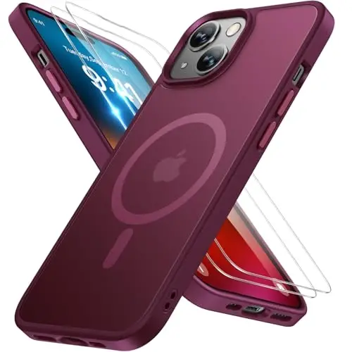 Miracase Magnetic for iPhone 15 Case (MagSafe bilan mos) (2X ekran himoyachilari bilan) Harbiy darajadagi himoya, barmoq izlariga qarshi yarim shaffof mat telefon qopqog'i iPhone 15 6.1 dyuym uchun, vino qizil 