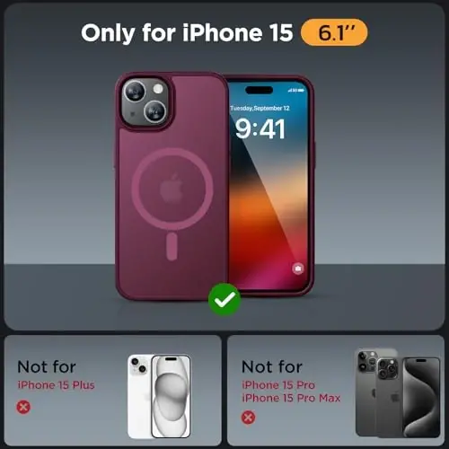 Miracase Magnetic for iPhone 15 Case (MagSafe bilan mos) (2X ekran himoyachilari bilan) Harbiy darajadagi himoya, barmoq izlariga qarshi yarim shaffof mat telefon qopqog'i iPhone 15 6.1 dyuym uchun, vino qizil - 2