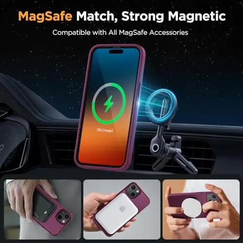 Miracase Magnetic for iPhone 15 Case (MagSafe bilan mos) (2X ekran himoyachilari bilan) Harbiy darajadagi himoya, barmoq izlariga qarshi yarim shaffof mat telefon qopqog'i iPhone 15 6.1 dyuym uchun, vino qizil - 3