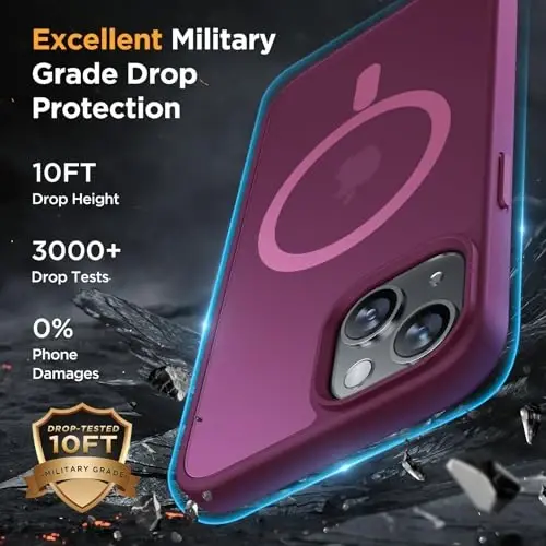Miracase Magnetic for iPhone 15 Case (MagSafe bilan mos) (2X ekran himoyachilari bilan) Harbiy darajadagi himoya, barmoq izlariga qarshi yarim shaffof mat telefon qopqog'i iPhone 15 6.1 dyuym uchun, vino qizil - 6