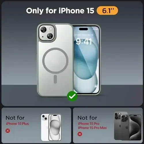 Miracase Magnetic for iPhone 15 Case (MagSafe bilan mos) (2X ekran himoyachilari bilan) Harbiy darajadagi himoya, barmoq izlariga qarshi yarim shaffof matli telefon qopqog'i iPhone 15 6.1 dyuym, Kulrang - 2