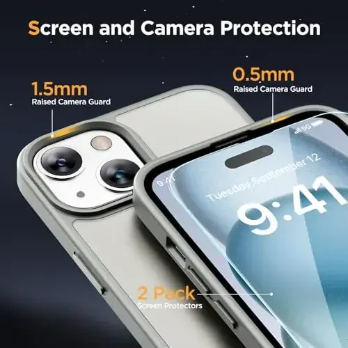 Miracase Magnetic for iPhone 15 Case (MagSafe bilan mos) (2X ekran himoyachilari bilan) Harbiy darajadagi himoya, barmoq izlariga qarshi yarim shaffof matli telefon qopqog'i iPhone 15 6.1 dyuym, Kulrang - 5