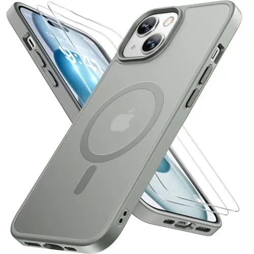 Miracase Magnetic for iPhone 15 Case (MagSafe bilan mos) (2X ekran himoyachilari bilan) Harbiy darajadagi himoya, barmoq izlariga qarshi yarim shaffof matli telefon qopqog'i iPhone 15 6.1 dyuym, Kulrang 