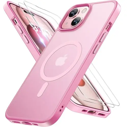 Miracase Magnetic for iPhone 15 Case (MagSafe bilan mos) (2X ekran himoyachilari bilan) Harbiy darajadagi himoya, barmoq izlariga qarshi yarim shaffof matli telefon qopqog'i iPhone 15 6.1 dyuym uchun, Mes Pink 