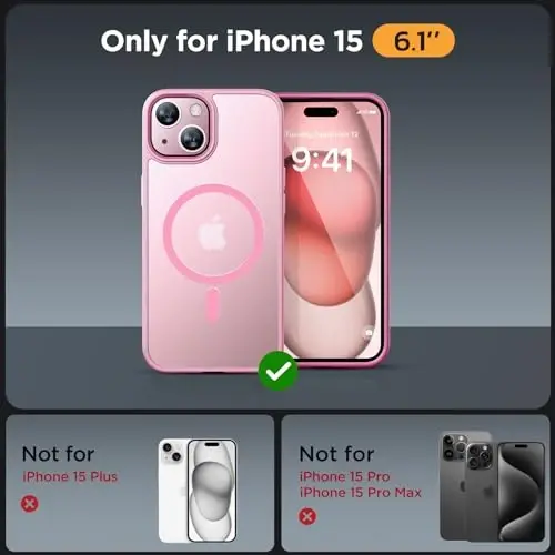 Miracase Magnetic for iPhone 15 Case (MagSafe bilan mos) (2X ekran himoyachilari bilan) Harbiy darajadagi himoya, barmoq izlariga qarshi yarim shaffof matli telefon qopqog'i iPhone 15 6.1 dyuym uchun, Mes Pink - MIRACASE (1)