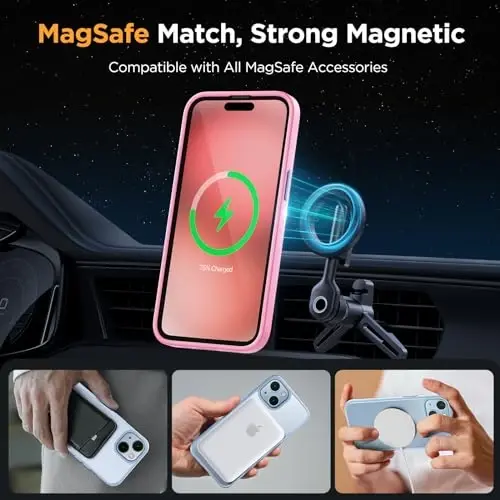 Miracase Magnetic for iPhone 15 Case (MagSafe bilan mos) (2X ekran himoyachilari bilan) Harbiy darajadagi himoya, barmoq izlariga qarshi yarim shaffof matli telefon qopqog'i iPhone 15 6.1 dyuym uchun, Mes Pink - 3