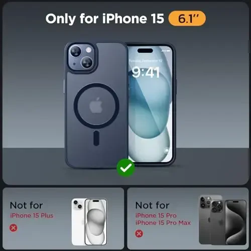 Miracase Magnetic for iPhone 15 Case (MagSafe bilan mos) (2X ekran himoyachilari bilan) Harbiy darajadagi himoya, barmoq izlariga qarshi yarim shaffof matli telefon qopqog'i iPhone 15 6.1 dyuym uchun, to'q ko'k - MIRACASE (1)