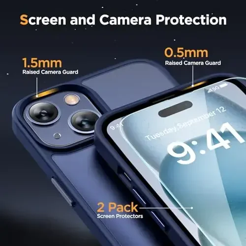 Miracase Magnetic for iPhone 15 Case (MagSafe bilan mos) (2X ekran himoyachilari bilan) Harbiy darajadagi himoya, barmoq izlariga qarshi yarim shaffof matli telefon qopqog'i iPhone 15 6.1 dyuym uchun, to'q ko'k - 5