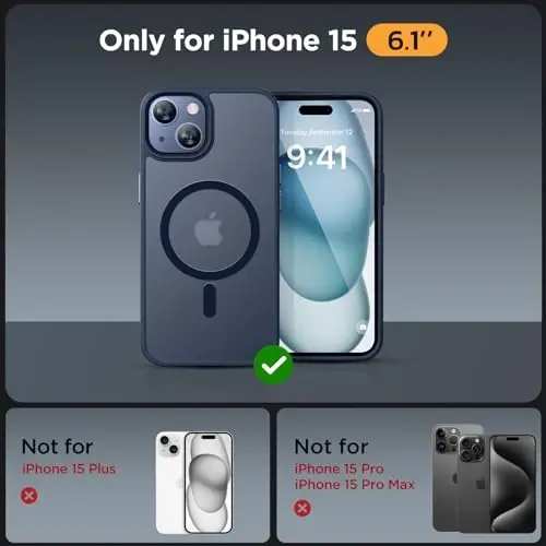 Miracase Magnetic for iPhone 15 Case (MagSafe bilan mos) (2X ekran himoyachilari bilan) Harbiy darajadagi himoya, barmoq izlariga qarshi yarim shaffof matli telefon qopqog'i iPhone 15 6.1 dyuym uchun, to'q ko'k - 2