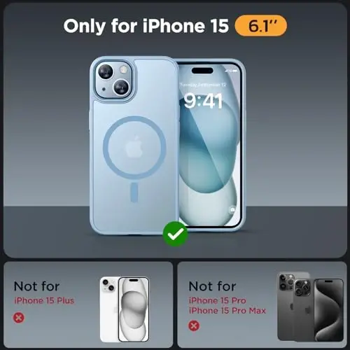 Miracase Magnetic for iPhone 15 Case (MagSafe bilan mos) (2X ekran himoyachisi bilan) Harbiy darajadagi himoya, barmoq izlariga qarshi yarim shaffof matli telefon qopqog'i iPhone 15 6.1 dyuym uchun, och ko'k - MIRACASE (1)