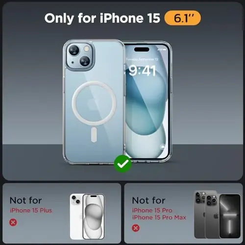 Miracase Magnetic for iPhone 15 Case (MagSafe bilan mos) (2X ekran himoyachisi bilan) Harbiy darajadagi himoya, barmoq izlariga qarshi yarim shaffof matli telefon qopqog'i iPhone 15 6.1 dyuym uchun, shaffof - MIRACASE (1)
