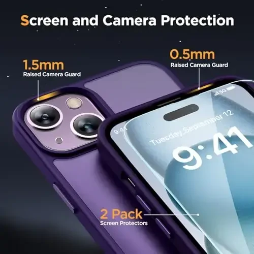 Miracase Magnetic for iPhone 15 Case (MagSafe bilan mos) (2X ekran himoyachisi bilan) Harbiy darajadagi himoya, barmoq izlariga qarshi yarim shaffof matli telefon qopqog'i iPhone 15 6.1 dyuym uchun, to'q binafsha - 5