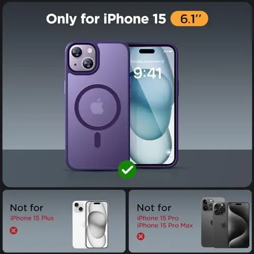 Miracase Magnetic for iPhone 15 Case (MagSafe bilan mos) (2X ekran himoyachisi bilan) Harbiy darajadagi himoya, barmoq izlariga qarshi yarim shaffof matli telefon qopqog'i iPhone 15 6.1 dyuym uchun, to'q binafsha - 2