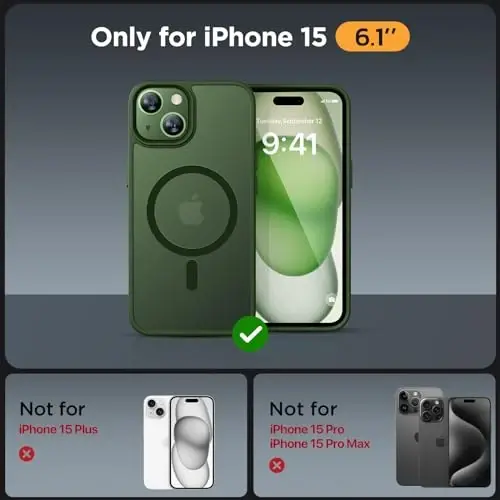 Miracase Magnetic for iPhone 15 Case (MagSafe bilan mos keladi) (2X ekran himoyachisi bilan) Harbiy darajadagi himoya, barmoq izlariga qarshi yarim shaffof matli telefon qopqog'i iPhone 15 6.1 dyuym uchun, to'q yashil - 2