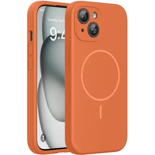 Miracase Magnetic for iPhone 15 Case, [Soft Anti-Scratch Microfiber Lining], Compatible with MagSafe, Liquid Silicone Case Shockproof Drop Protection Phone Case for 15,Orange 
