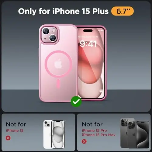 Miracase Magnetic for iPhone 15 Plus Case 6.7 inch (Compatible with MagSafe) (with 2X Screen Protectors) Military-Grade Protection, Anti-Fingerprint Translucent Matte Phone Cover, Mes Pink - MIRACASE (1)