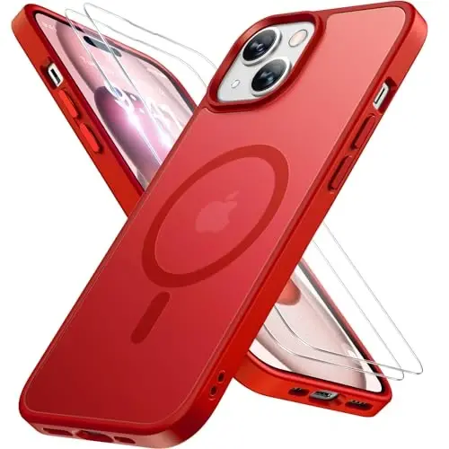 Miracase Magnetic for iPhone 15 Plus Case 6.7 inch (Compatible with MagSafe) (with 2X Screen Protectors) Military-Grade Protection, Anti-Fingerprint Translucent Matte Phone Cover, Red 
