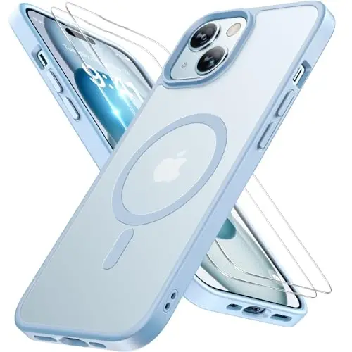 Miracase Magnetic for iPhone 15 Plus Case 6.7 inch (MagSafe bilan mos) (2X ekran himoyachilari bilan) Harbiy darajadagi himoya, barmoq izlariga qarshi yarim shaffof mat telefon qopqog'i, och ko'k 