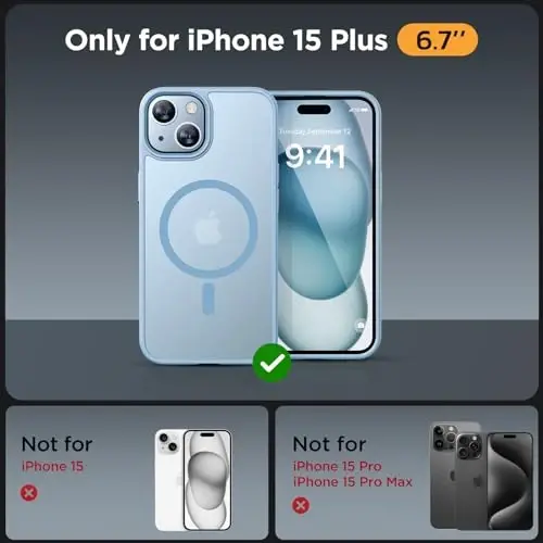 Miracase Magnetic for iPhone 15 Plus Case 6.7 inch (MagSafe bilan mos) (2X ekran himoyachilari bilan) Harbiy darajadagi himoya, barmoq izlariga qarshi yarim shaffof mat telefon qopqog'i, och ko'k - MIRACASE (1)