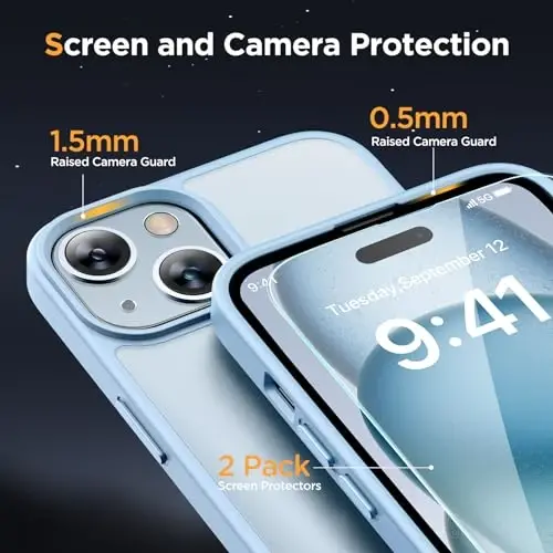 Miracase Magnetic for iPhone 15 Plus Case 6.7 inch (MagSafe bilan mos) (2X ekran himoyachilari bilan) Harbiy darajadagi himoya, barmoq izlariga qarshi yarim shaffof mat telefon qopqog'i, och ko'k - 6