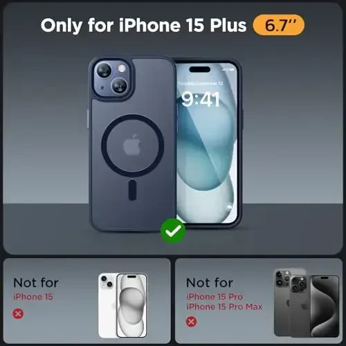 Miracase Magnetic for iPhone 15 Plus Case 6.7 inch (MagSafe bilan mos keladi) (2X ekran himoyachilari bilan) Harbiy darajadagi himoya, barmoq izlariga qarshi yarim shaffof mat telefon qopqog'i, to'q ko'k - 2