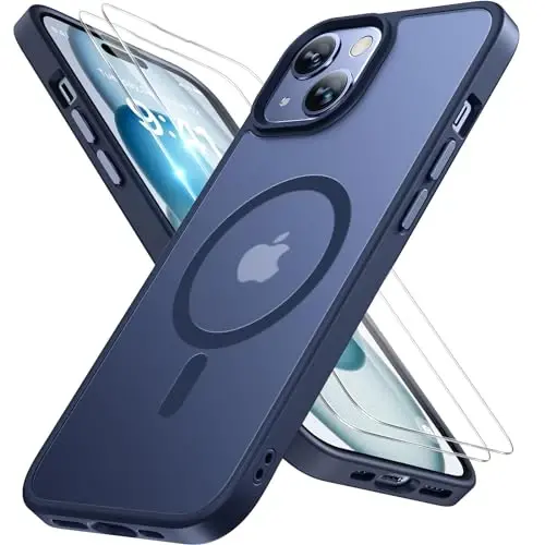 Miracase Magnetic for iPhone 15 Plus Case 6.7 inch (MagSafe bilan mos keladi) (2X ekran himoyachilari bilan) Harbiy darajadagi himoya, barmoq izlariga qarshi yarim shaffof mat telefon qopqog'i, to'q ko'k 