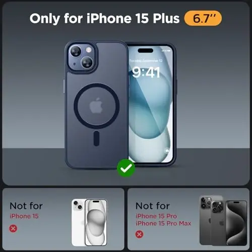 Miracase Magnetic for iPhone 15 Plus Case 6.7 inch (MagSafe bilan mos keladi) (2X ekran himoyachilari bilan) Harbiy darajadagi himoya, barmoq izlariga qarshi yarim shaffof mat telefon qopqog'i, to'q ko'k - MIRACASE (1)