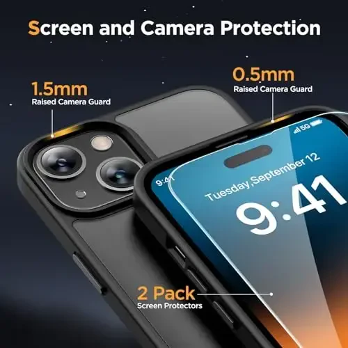 Miracase Magnetic for iPhone 15 Plus Case 6.7 inch (MagSafe bilan mos keladi) (2X ekran himoyachilari bilan) Harbiy darajadagi himoya, barmoq izlariga qarshi yarim shaffof matli telefon qopqog'i, qora - 6