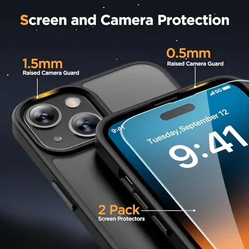 Miracase Magnetic for iPhone 15 Plus Case 6.7 inch (MagSafe bilan mos keladi) (2X ekran himoyachilari bilan) Harbiy darajadagi himoya, barmoq izlariga qarshi yarim shaffof matli telefon qopqog'i, qora - 6